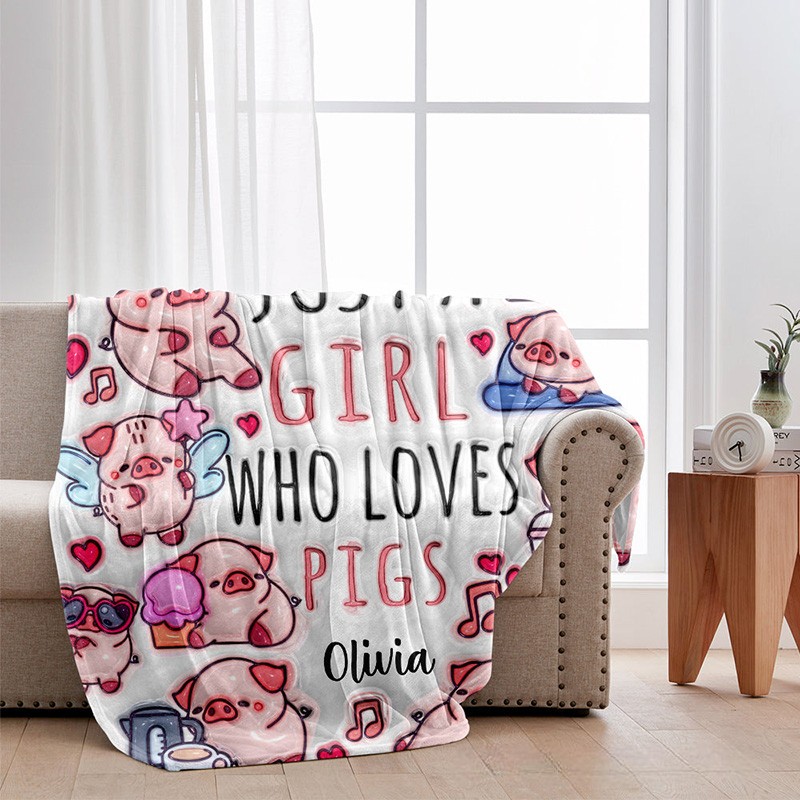 Personalized Pig Lover Blanket with Adorable Pig Illustrations and Custom Name for Pig Fans Blanket