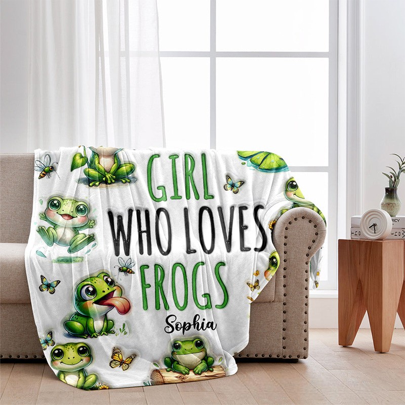 Personalized Frog Lover Blanket with Cute Frog Graphics and Custom Name for Girls Who Adore Frogs Blanket