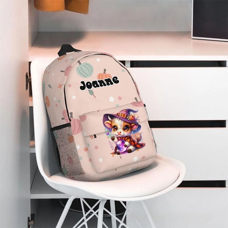 Personalized Highland Cow Pumpkin Design Waterproof Kid School Backpack with Name Halloween Fall Back to School Gift for Boys Girls