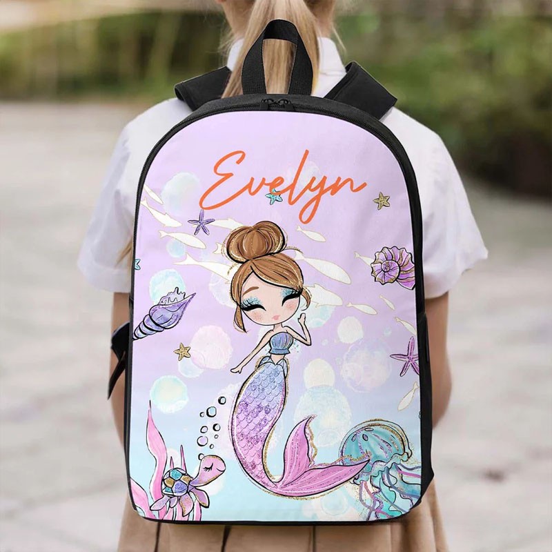 Personalized Cartoon Mermaid Backpack Luch Bag Pencil Case Set with Name Back to School Birthday Gift for Girls