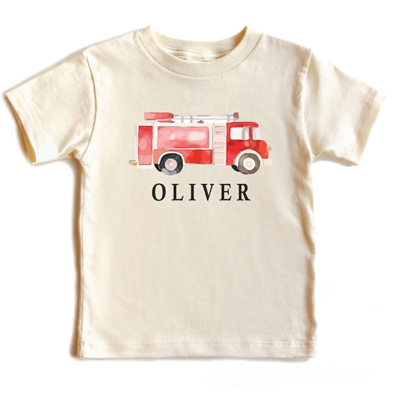 Personalized Fire Truck Kids T-Shirt with Custom Name and Adorable Red Fire Engine Graphic for Little Heroes Kids T-Shirt