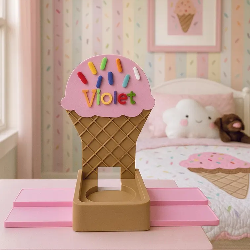 Personalized Summer Ice Cream Theme Holder Birthday Gift for Kids Kids Room Decor Unisex Nursery Shelf & Character Display