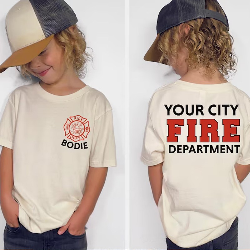 Personalized Fire Department Kids T-Shirt with Custom Name and Bold Chicago Firefighter Emblem for Little Heroes Kids T-Shirt
