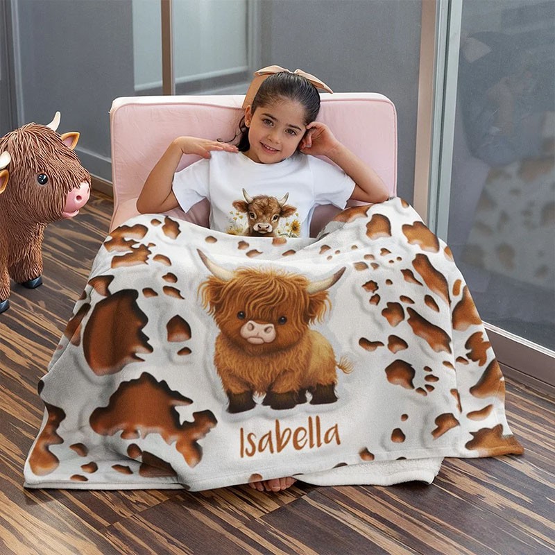 Personalized Highland Cow Blanket with Custom Name and Cute Farm Animal Design Perfect for Cozy Comfort Blanket Kids Family Gift