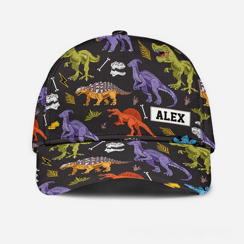 Personalized Dinosaur Pattern Cap with Custom Name and Colorful Prehistoric Design Perfect for Dino Enthusiasts Kid Classic Cap