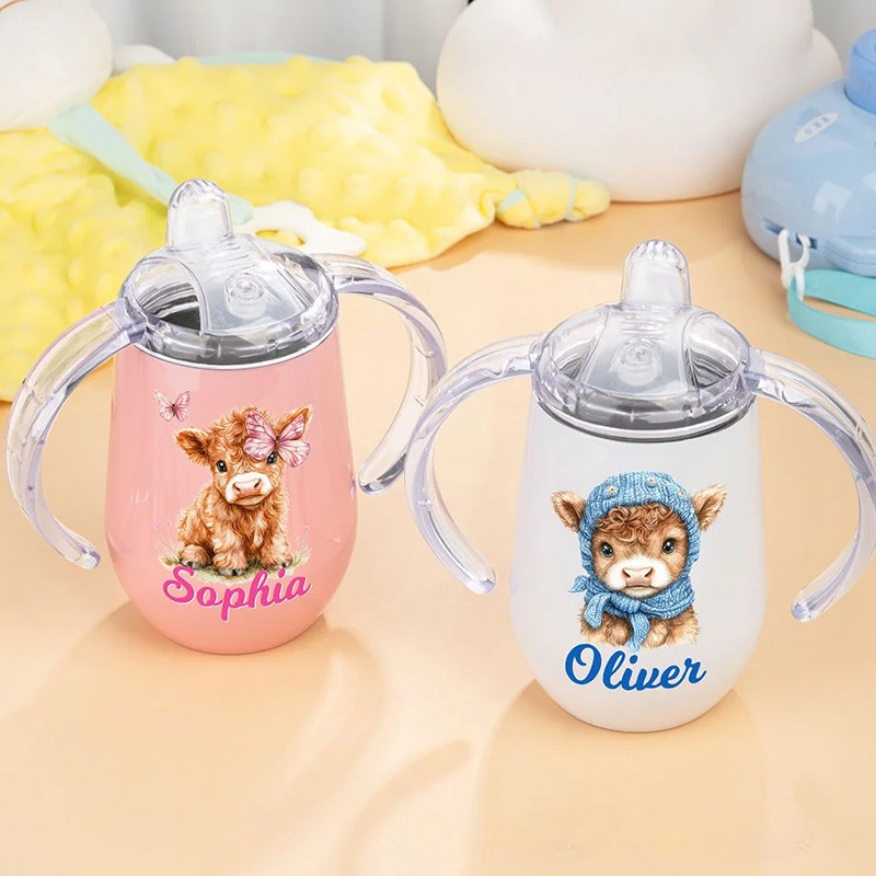 Personalized Cute Highland Cow 10 oz Insulated Name Sippy Cup with Lid and Handle Birthday Baby Shower Gift for Toddler Kids