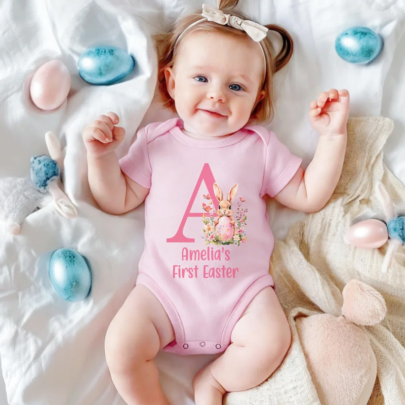Personalized Easter Bunny Initial 100% Cotton Baby Bodysuit with Name Easter Party Gift for Kids Boys Girls