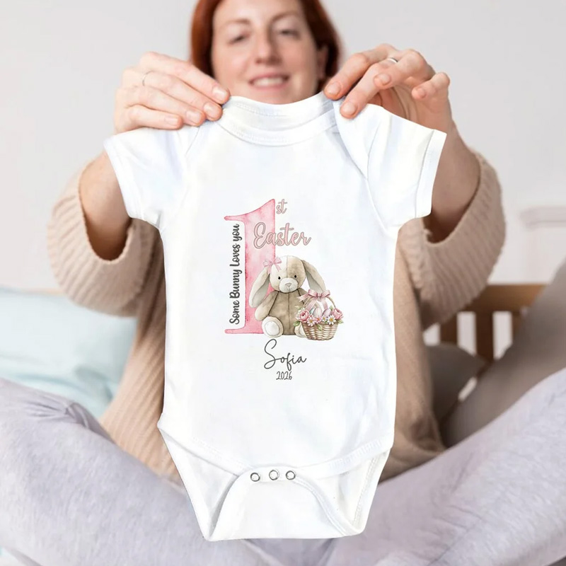 Personalized Some Bunny Loves You 1st Easter Soft Baby Bodysuit Receiving Blanket Swaddle Hat Set with Name Birthday Baby Shower Gift for Newborns