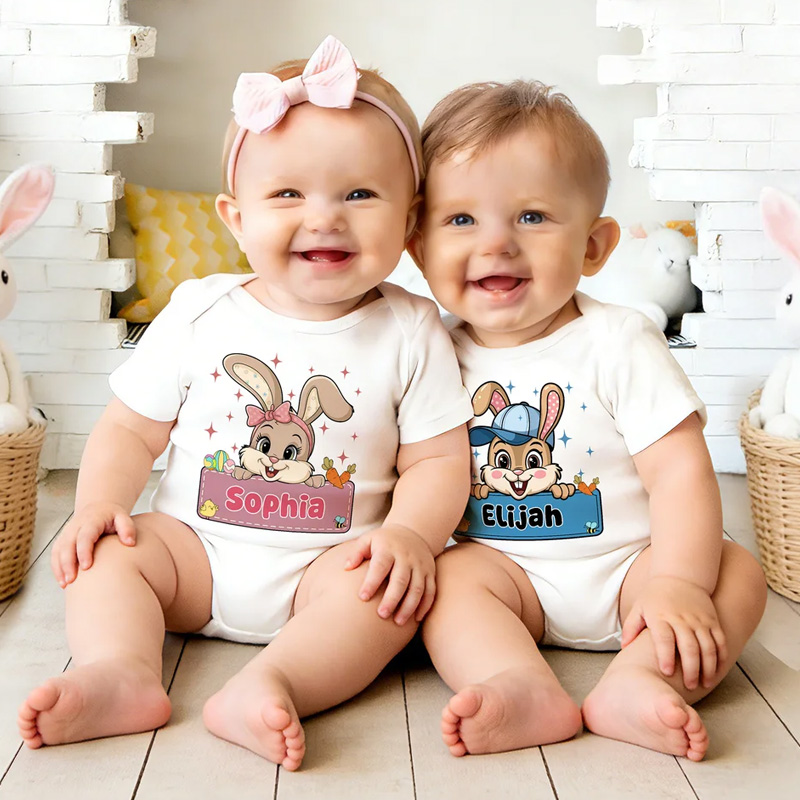 Personalized Bow Hat Easter Bunny 100% Cotton Baby Bodysuit Kid T-shirt with Name Easter Party Birthday Gift for Kids Boys Girls