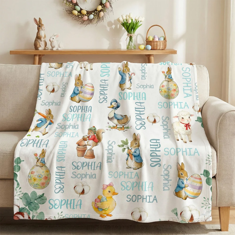 Personalized Cute Easter Bunny Duck Sheep Word Cloud Soft Throw Blanket with Name Home Decor Easter Gift for Boys Girls