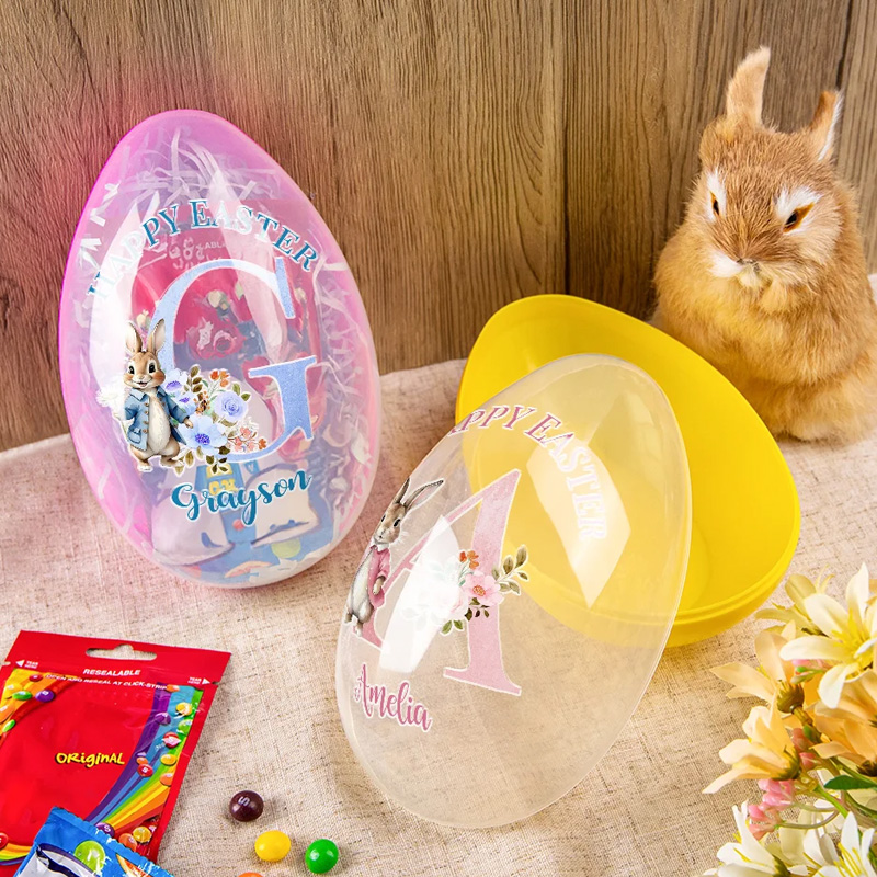 Personalized Happy Easter Bunny Flowers Initial Easter Egg with Name Basket Filler Easter Party Gift for Kids