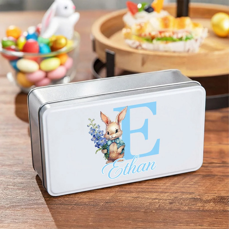 Personalized Birth Flower Cute Bunny Easter Biscuit Tin Box with Name and Initial Easter Party Easter Gift for Children