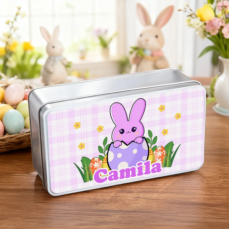 Personalized Cute Bunny Easter Egg Food Grade Metal Biscuit Tin Storage Box with Name Easter Party Gift for Kids