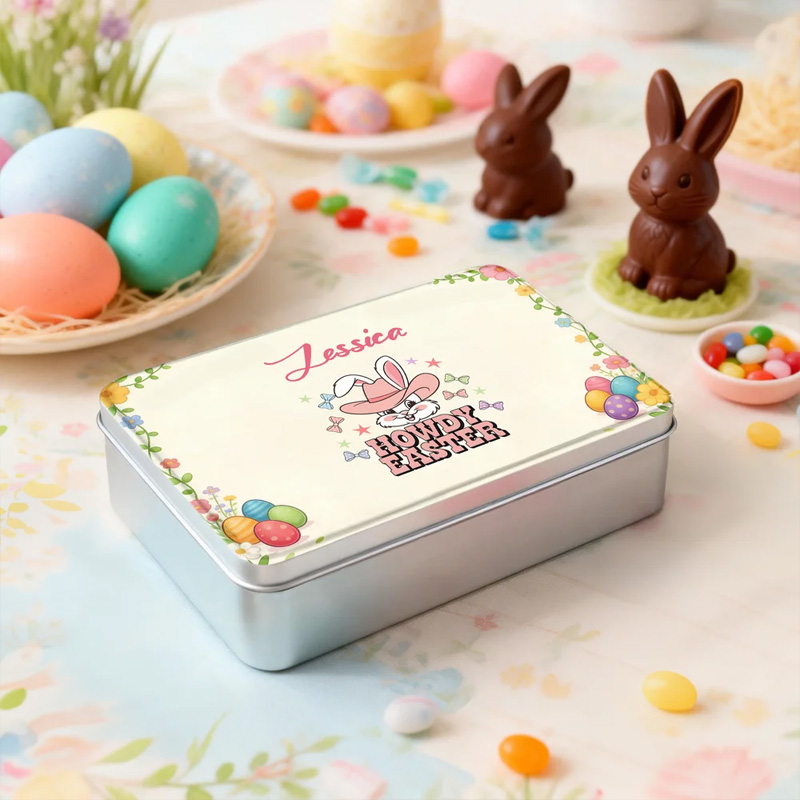 Personalized Howdy Easter Cute Bunny Easter Biscuit Tin Box with Name Easter Party Easter Gift for Children