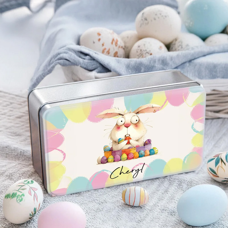 Personalized Quirky Easter Bunny Biscuit Tin Storage Box with Name Birthday Easter Party Gift for Kids