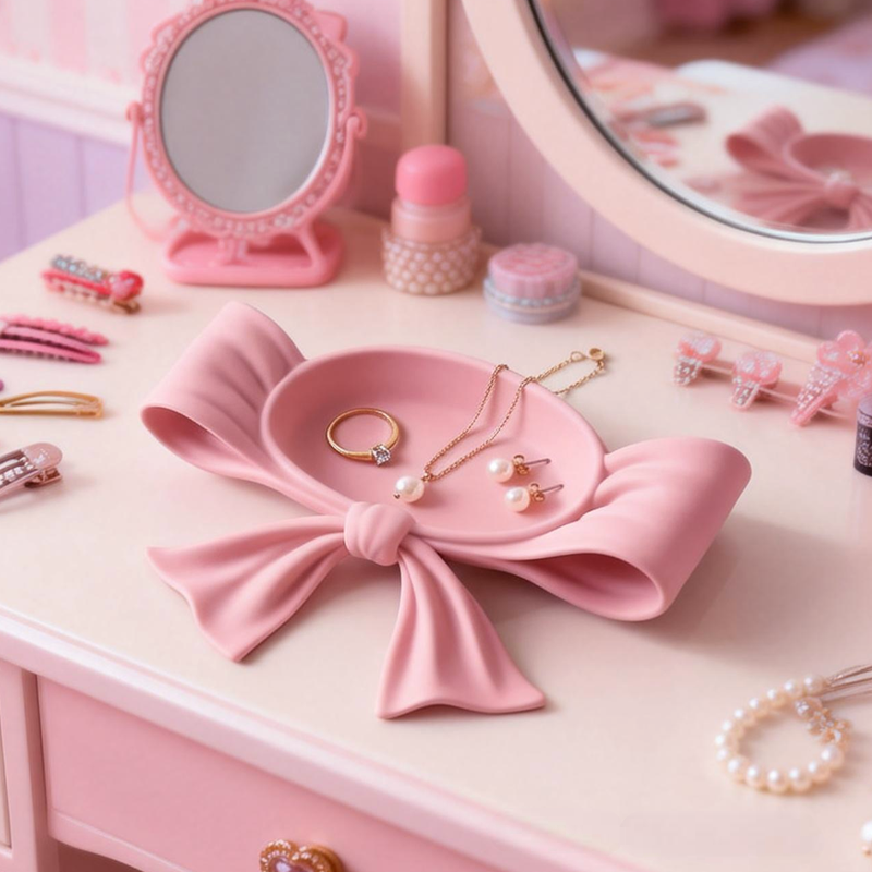 3D Printed Coquette Bow Jewelry Tray Vanity Decor Lipstick and Cosmetic Holder Stylish Desktop Storage
