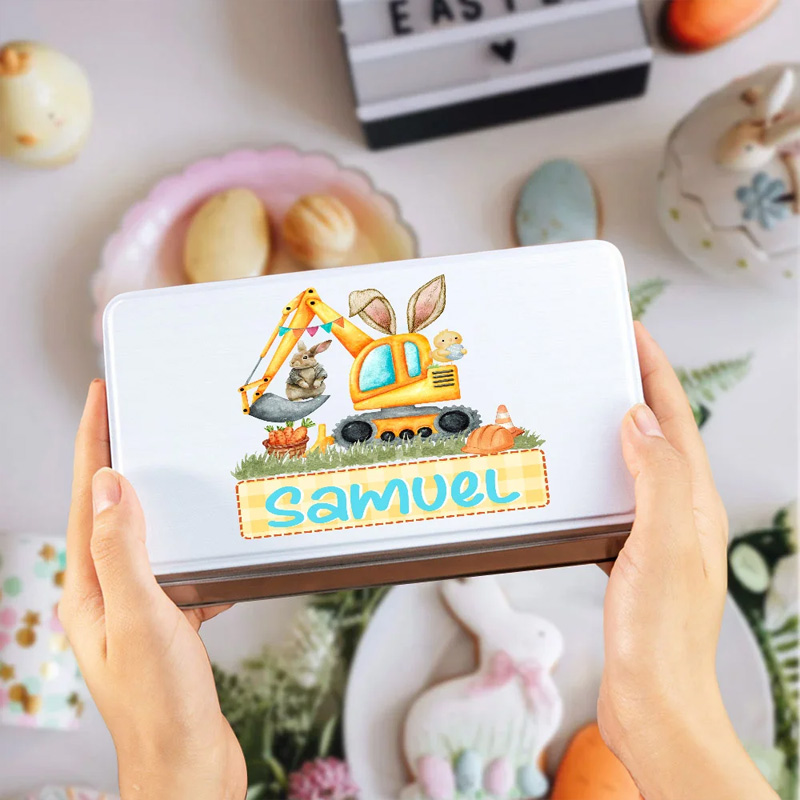 Personalized Bunny Easter Egg Excavator Food Grade Metal Biscuit Tin Storage Box with Name Easter Gift for Family Friends
