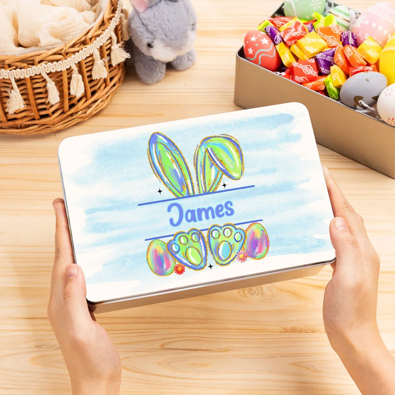 Personalized Colorful Easter Bunny Metal Biscuit Tin Storage Box with Name Easter Party Favor Gift for Kids