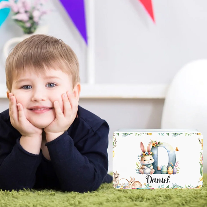 Personalized Watercolor Easter Bunny Egg Initial Food grade Candy Cookie Biscuit Storage Tin with Name Festival Party Favors Gift for Kids Family