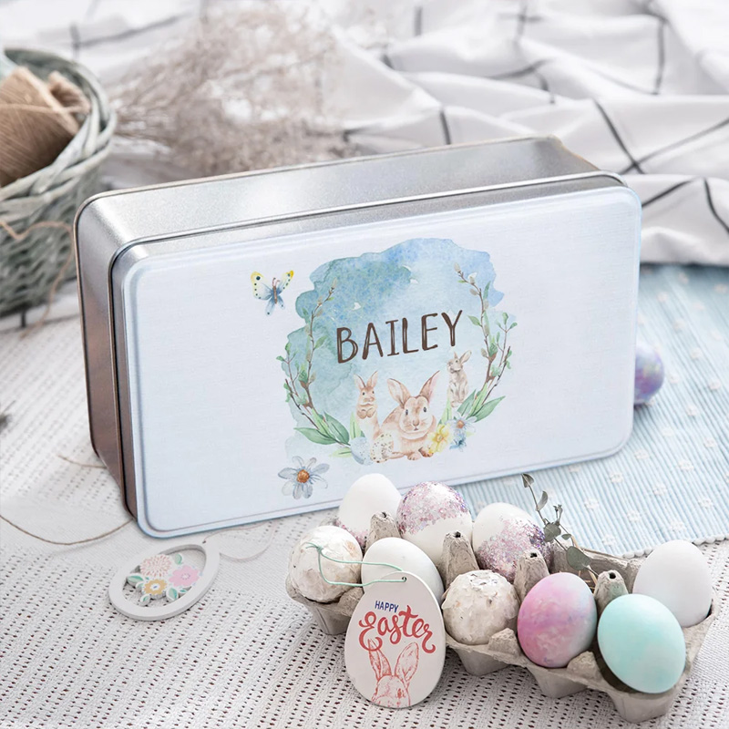 Personalized Watercolor Forest Bunny Food Grade Metal Biscuit Tin with Name Candy Container Easter Gift for Kids