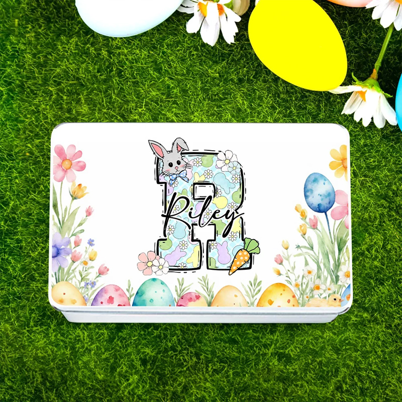 Personalized Cute Easter Bunny Carrot Initial Food-grade Biscuit Tin Storage Box with Name Birthday Easter Party Gift for Kids