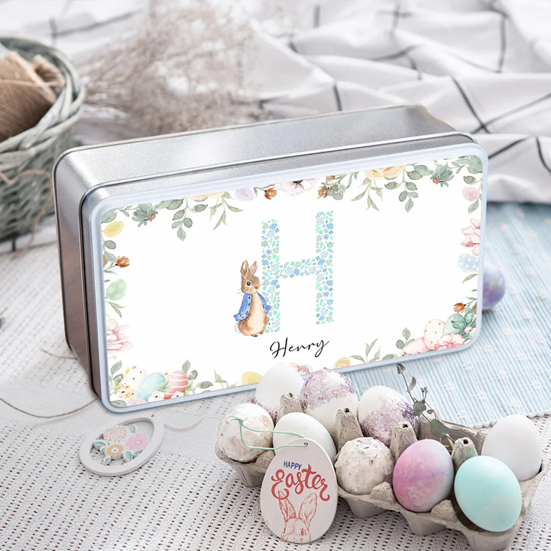 Personalized Cute Peter Rabbit Floral Initial Easter Biscuit Tin Storage Box with Name Easter Party Birthday Gift for Kids