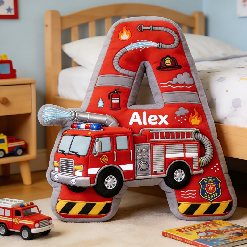 Personalized Fire Truck Alphabet Letter Custom Name Kids Room Decor Birthday Gift Soft Cushion Nursery Decoration Graphic 3D Print Pillow