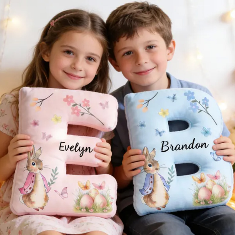 Personalized Easter Bunny Floral Alphabet Custom Name Soft Cushion Spring Decor Gift for Kids Room Nursery Decoration Graphic 3D Print Pillow