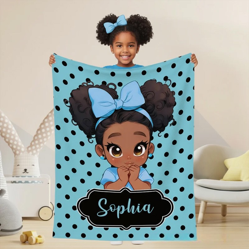 Personalized Polka Dots Cute Cartoon Little Girl Soft Throw Blanket with Name Home Decor Birthday Christmas Gift for African American Girl