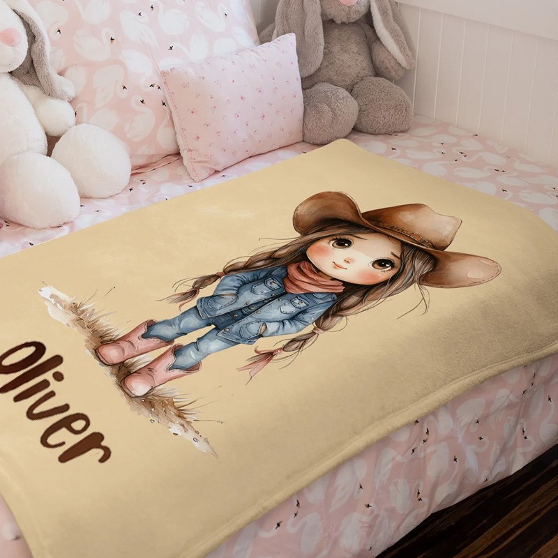 Personalized Cartoon Cowboy Cowgirl Soft Throw Blanket with Name Home Decor Birthday Gift for Kids Cowboy Lovers