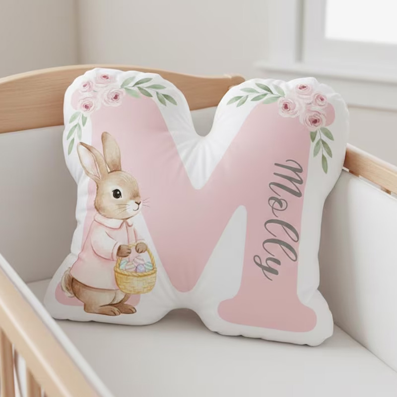 Personalized Pink Bunny Initial Letter Floral Easter Basket Custom Name Kids Room Decor Nursery Gift Graphic 3D Print Pillow