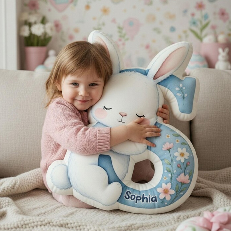 Personalized Blue Bunny Initial Letter Floral Easter Gift Custom Name Kids Room Decor Nursery Baby Shower Accent Graphic 3D Print Pillow