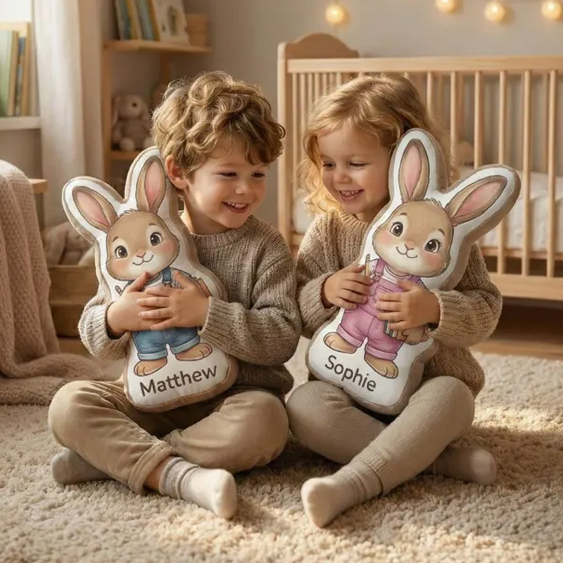 Personalized Bunny Boy and Girl Easter Gift Custom Name Kids Room Decor Cute Rabbit Plush Toy Nursery Baby Shower Present Graphic 3D Print Pillow