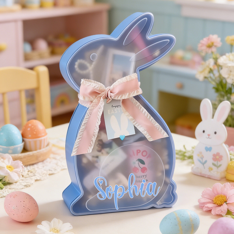 Personalized Blue Bunny Easter Gift Basket Custom Name Kids Candy Holder Cute Spring Egg Hunt Party Favor Candy Box