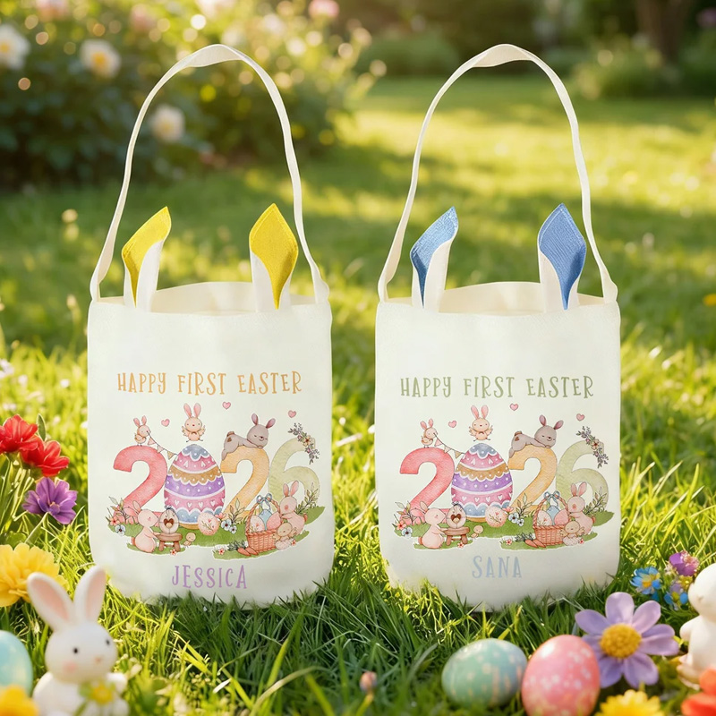Personalised Happy First Easter Cute Bunny Ears Basket with Name Egg Hunting Party Easter Gift for Boys Girls