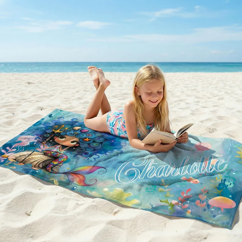 Personalized Cartoon Mermaid Quick Dry Beach Towel with Name Travel Essentials Beach Party Birthday Gift for Girls Ocean Theme Enthusiasts