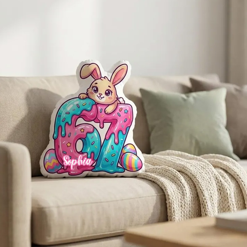 Personalized Colorful Bunny Easter Egg Custom Name Kids Gift Bright Pastel Decor Nursery Bedroom Accent Graphic 3D Print Pillow