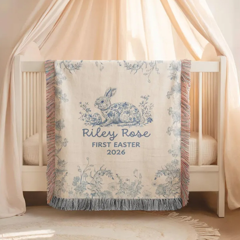 Personalized Baby Name Birth Stats Blue Floral Nursery Decor Custom Heirloom Keepsake Newborn Gift Soft Cotton Woven Blanket