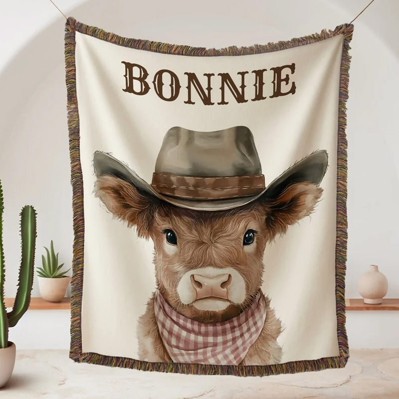 Personalized Rustic Fringed Western Cowboy Highland Cow Soft 100% Cotton Baby Blanket with Name Nursery Decor Baby Shower Gift for New Baby Kids