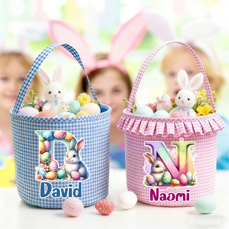 Personalized Easter Bunny Alphabet Letters Plaid Easter Basket with Name and Initial Easter Eggs Hunting Easter Day Gift for Boys Girls