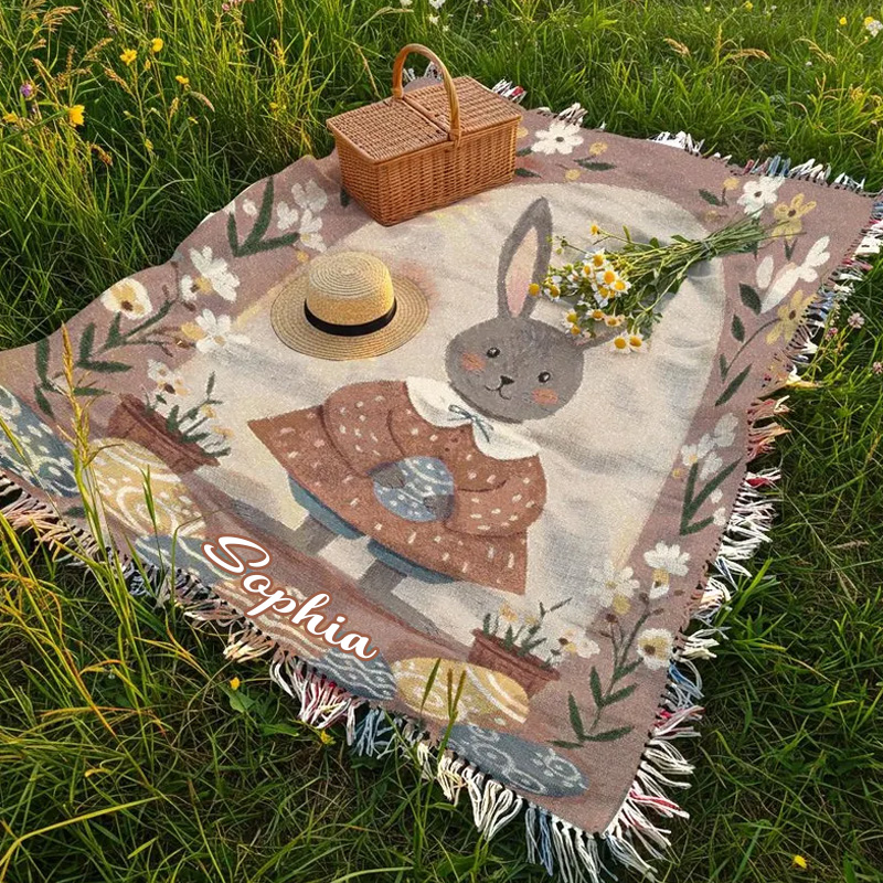 Personalized Cute Bunny Easter Spring Floral Kids Room Decor Custom Name Nursery Accent Cozy Gift Tassel Blanket