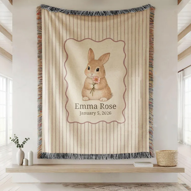 Personalized Baby Bunny Nursery Decor Custom Name Soft Neutral Tone Newborn Gift Cozy Room Accent Cotton Tassel Blanket