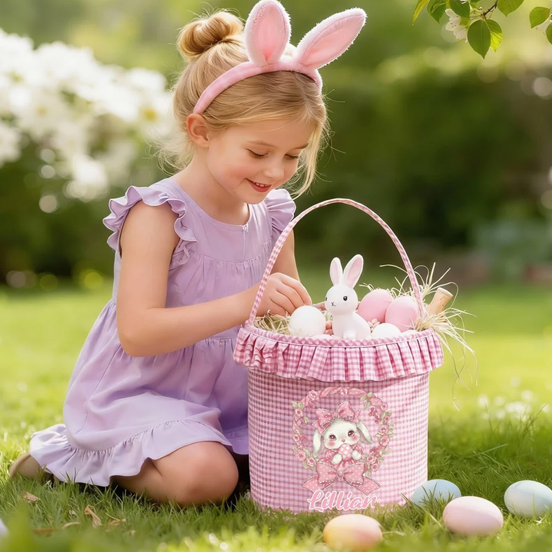 Personalized Multi Color Large Capacity Polka Dot Bow Easter Basket with Name Party Favor Gift for Boys Girls