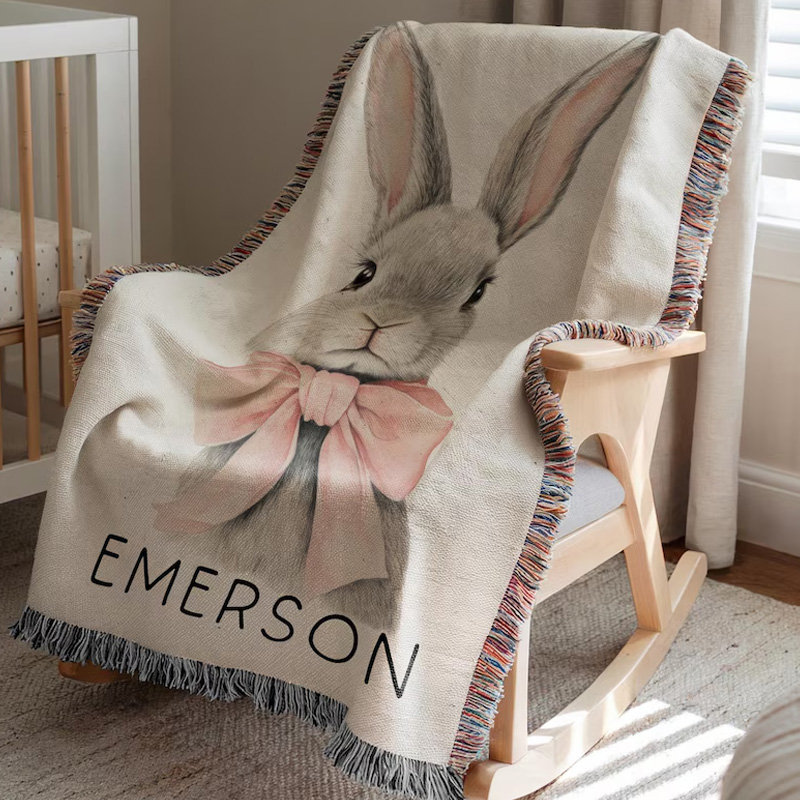 Personalized Cute Bunny Pink Bow Nursery Decor Custom Name Baby Shower Gift Soft Cozy Neutral Room Accent Tassel Blanket
