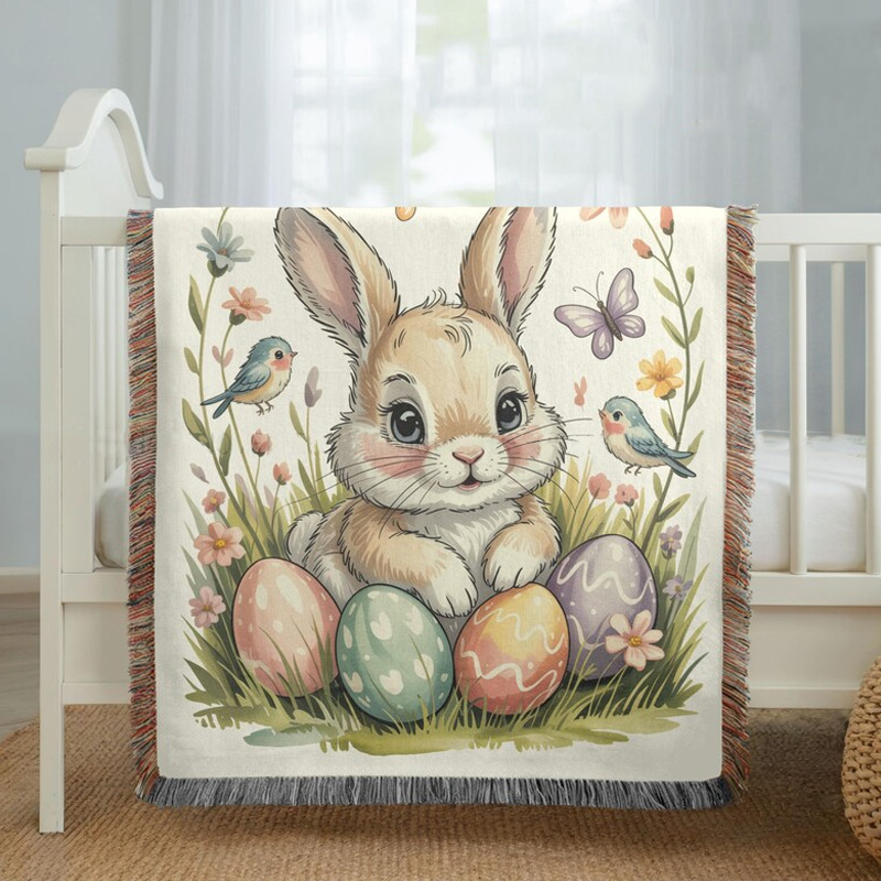 Personalized Easter Bunny Colorful Eggs Spring Butterfly Kids Room Decor Custom Name Soft Cozy Gift Tassel Blanket