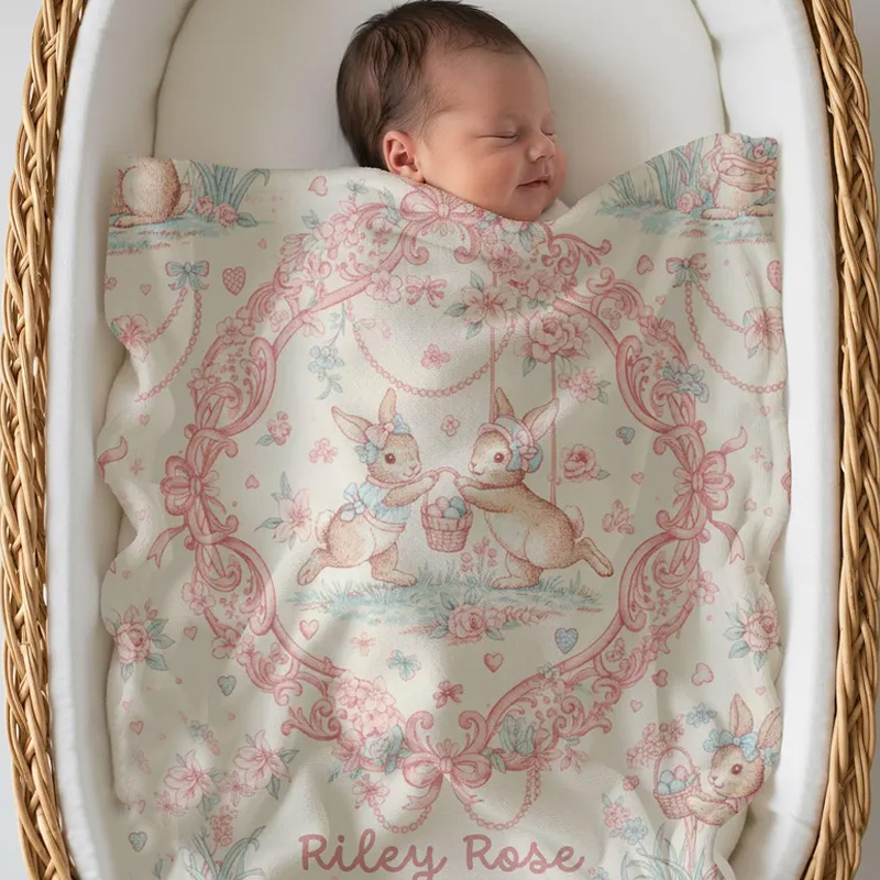 Personalized Pink Bunny Floral Wreath Nursery Decor Custom Name Baby Shower Gift Soft Elegant Newborn Keepsake Blanket