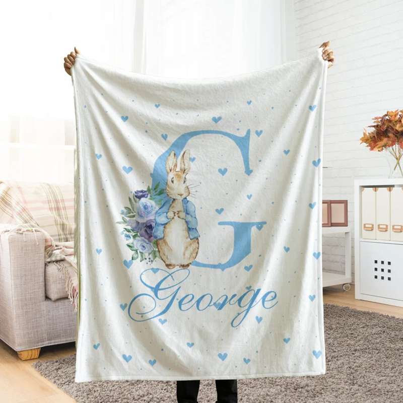 Personalized Floral Initial Letter Bunny Custom Name Soft Cozy Nursery Decor Baby Shower Gift Elegant Accent Blanket