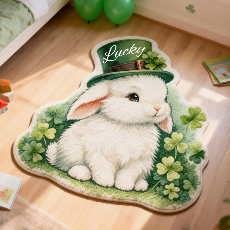Personalized Lucky Clover White Bunny St Patricks Day Green Hat Custom Name Soft Cozy Playroom Decor Carpet Rug for Kids