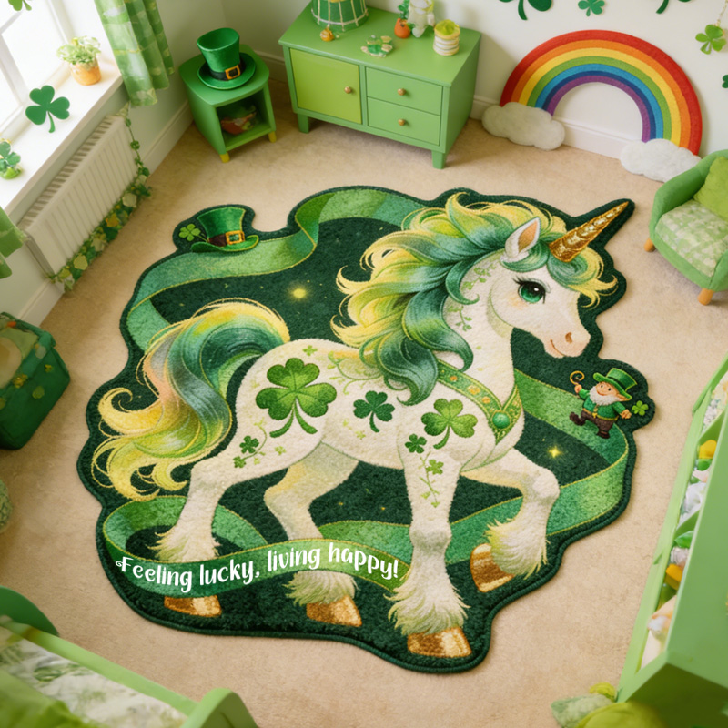 Personalized Lucky Clover Green Dream Horse Rainbow Magic St Patricks Day Custom Name Soft Fantasy Playroom Decor Carpet Rug for Kids