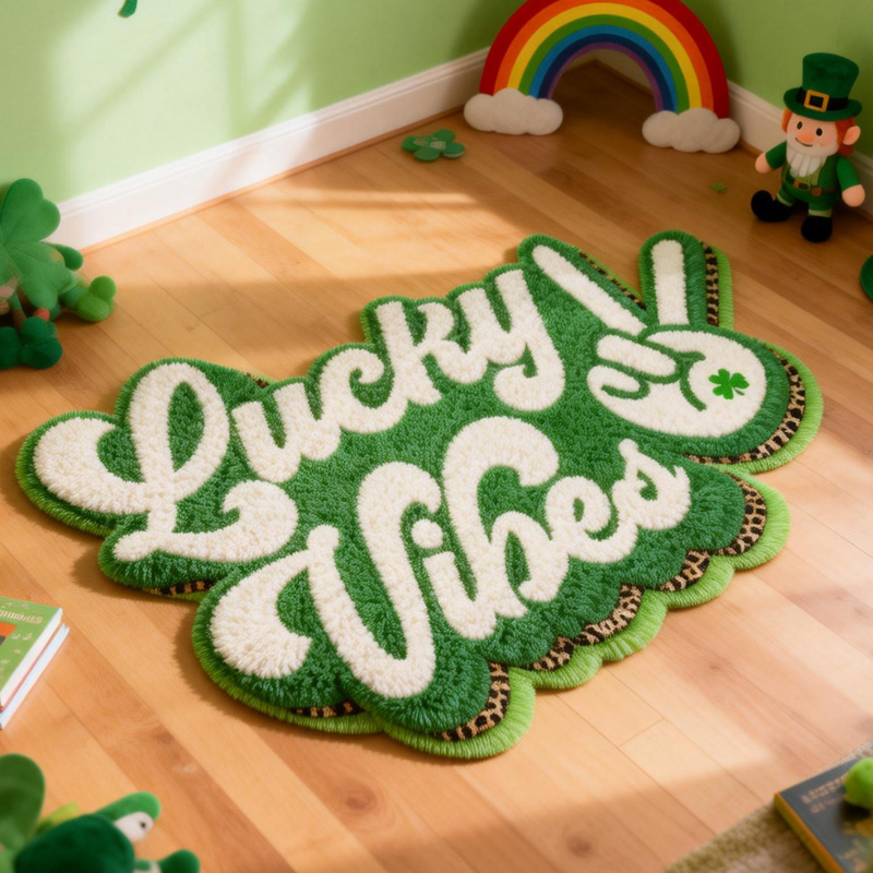 Personalized Lucky Vibes Green Peace Hand Clover St Patricks Day Positive Energy Custom Name Playroom Decor Carpet Rug for Kids